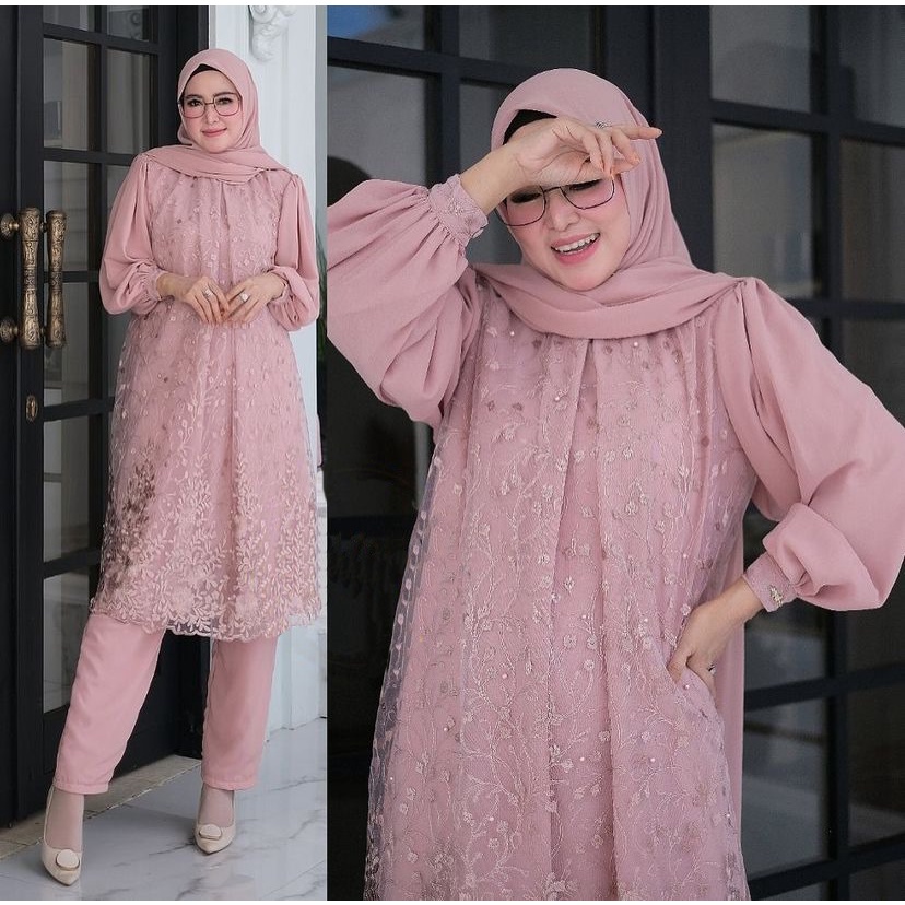 Jual Vallina Outfit Lexi One Set Brokat Long Tunic Setelan Wanita