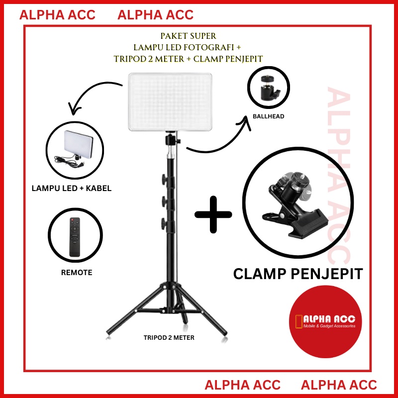 Jual [PAKET] LAMPU LED MUA FOTOGRAFI MM 240 + TRIPOD 2 METER + CLAMP ...