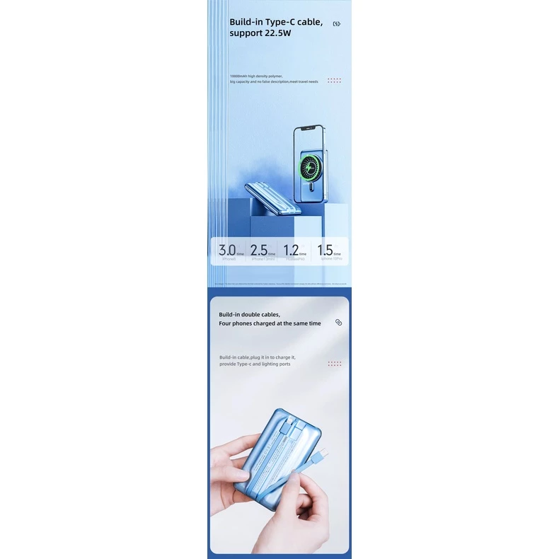Yoobao Powerbank - LC4 - 10000mAh - 37Wh - Magnetic Wireless Charge 15W - Built-In Cable - 22.5W Quick Charge - Power Delivery 3.0