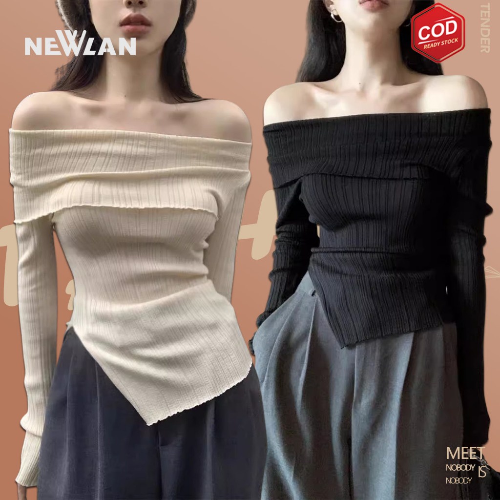 Jual Newlan Zz Top Long Sleeve Top Knit Top Off Shoulder Big Fold