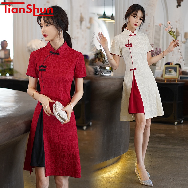 Jual Tianshun Lace Qipao Black Red Apricot Elegant Wedding Toast Dress ...