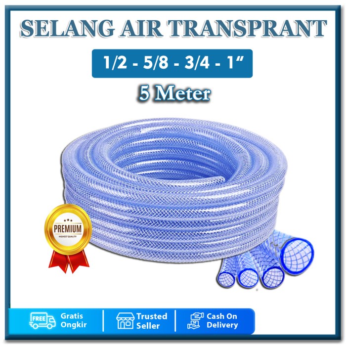 SELANG AIR 5 METER 1 ROL 1/2 5/8 3/4 1 INCH SERAT BENANG TRANSPARANT SELANG TAMAN ALAT CUCI MOTOR MOBIL COD