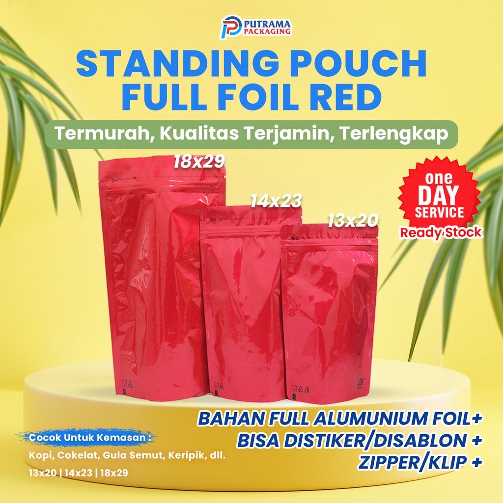 Jual 1 PACK ISI 100 PCS Standing Pouch Full Aluminium Foil Merah