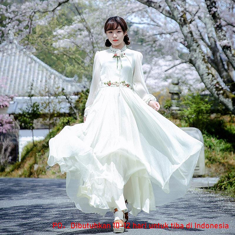 Jual French Vintage Dress Art Dress Embroidered Flowering Fairy Long Dress  with Waist Wrapped Fairy Temperament | Shopee Indonesia