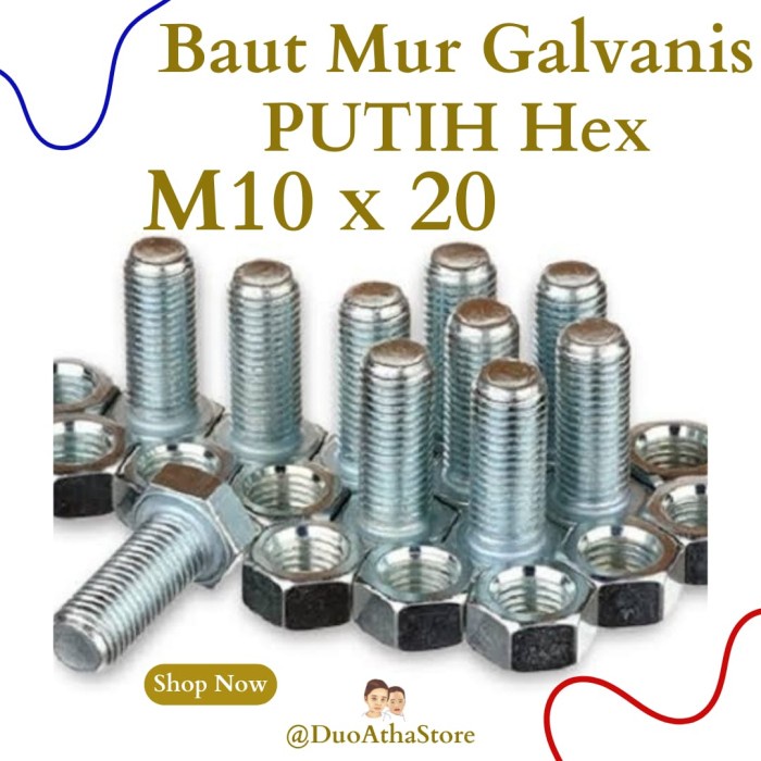 Jual M10 X 20 BAUT MUR PUTIH M10x20 BMP M10 X 20mm HEX GALVANIS ...