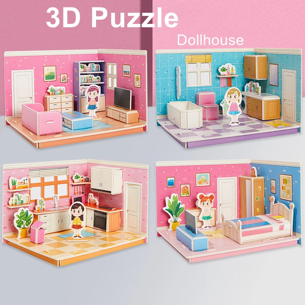 Rumah boneka puzzle 3d, mainan anak perempuan rumah boneka dapur kamar tidur