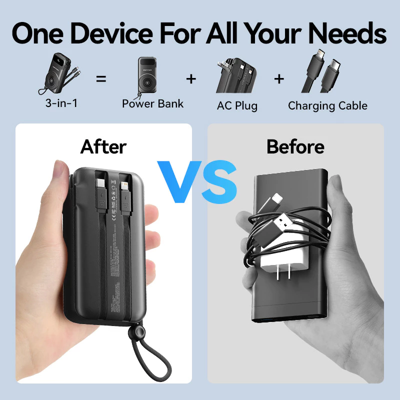 Vention Travel Charger Powerbank Wireless with Built in Type C Lightning Cables & AC Plug 22.5W 10000mAh