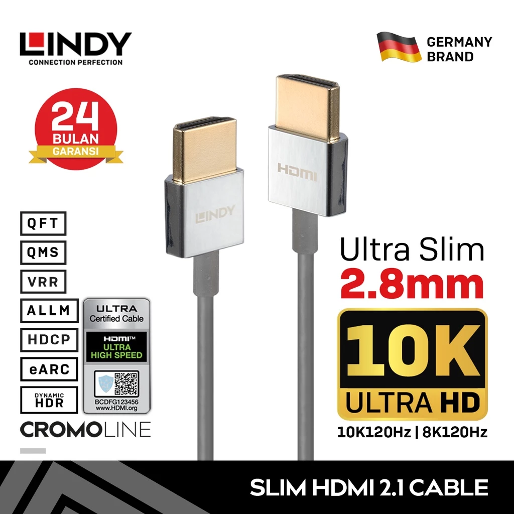 LINDY Kabel HDMI 2.1 0.5m 1m Certified Cable Ultra Slim eARC 10K 120Hz 48Gbps 36775 36776