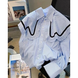 Vallina Outfit - Cameron Top Blouse Bertha Collar Atasan Shirt Kemeja Stripe Salur Cotton Korean Remaja Wanita Premium