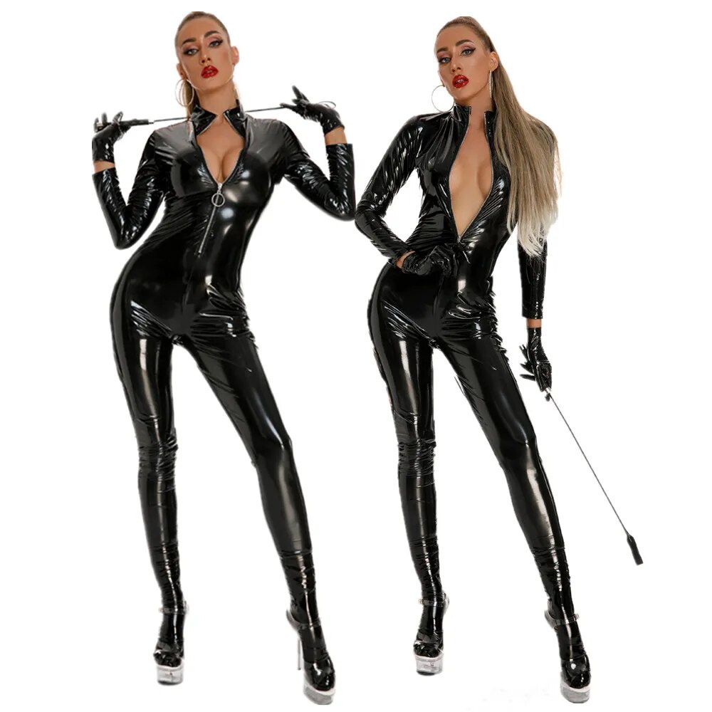 Jual Preorder Black Wetlook Faux Leather Long Sleeve Pvc Jumpsuits Zipper Erotic Lingerie Latex 