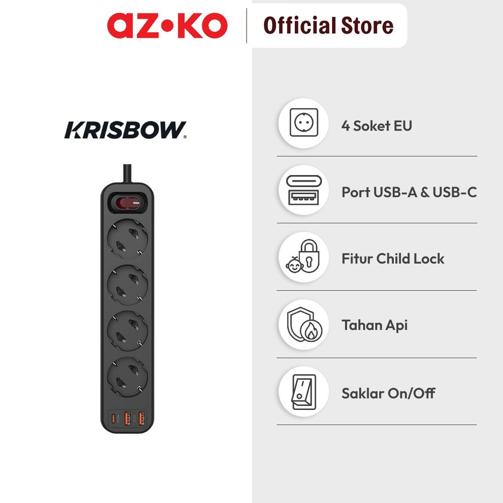 Jual AZKO Krisbow Stop Kontak 4 Soket Usb A & Type C - Hitam Electric ...
