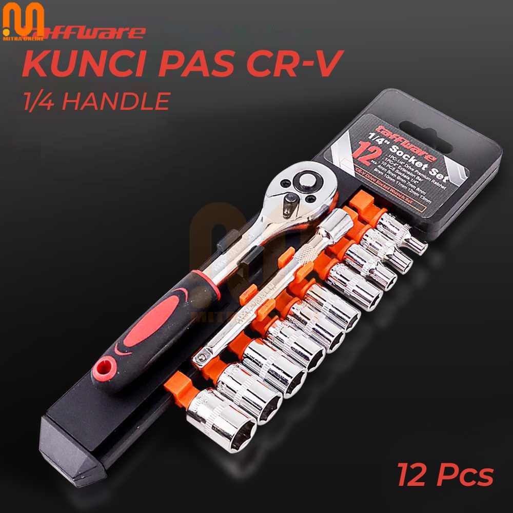 Jual Taffware Kunci Pas CRV Drive Socket Wrench Set 1/4 Handle 12 PCS