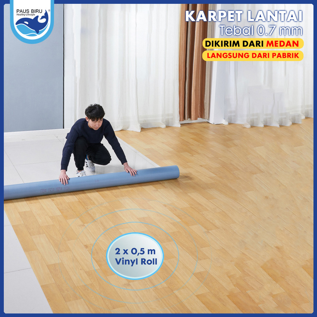 Paus Biru - Karpet Lantai Vinyl Roll Tebal 0.7mm Dekorasi Lantai 50cm Meteran 2m KLV Import (Korea) Anti Kotor Motif Kayu