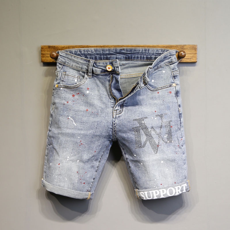 Jual Men's denim shorts, trendy pentagonal pants, elastic printed