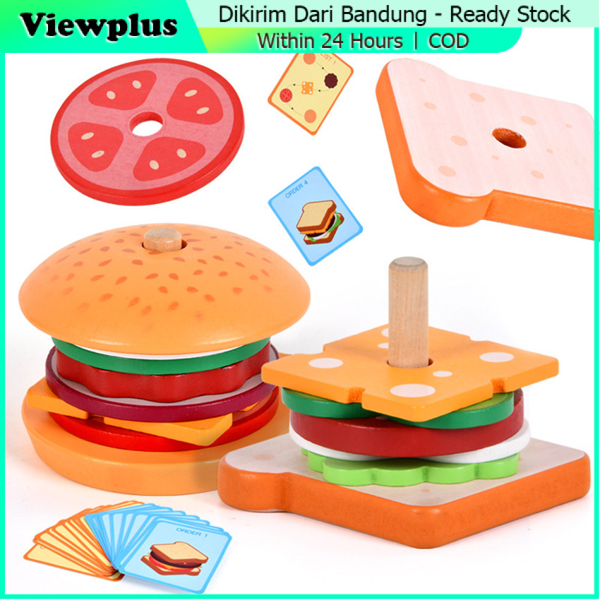 Jual Mainan Kayu Edukasi wooden stacking burger and sandwich / pretend ...