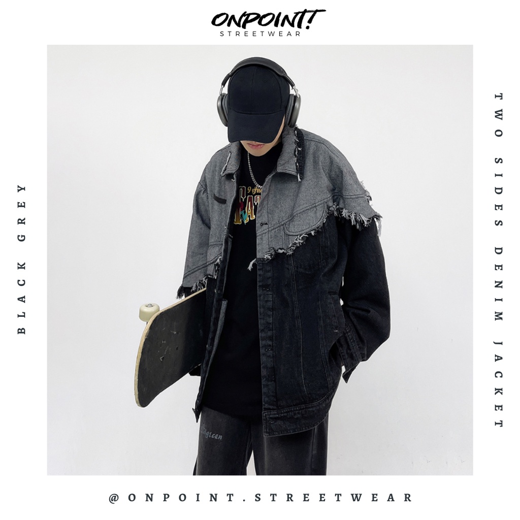 Jual two sides denim jacket (black grey) - jaket denim pria oversize ...