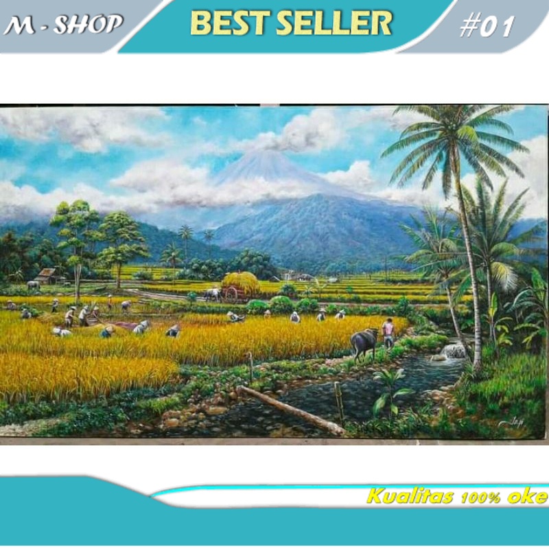 Jual hiasan dinding lukisan cetak pemandangan sawah gunung plus bingkai