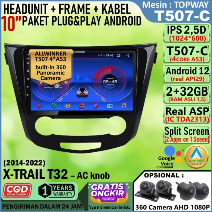 Jual Headunit Android T5 360 RAM 2/32GB + Frame 10 inch XTrail T32 AC