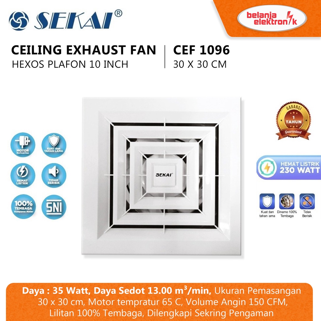 Jual SEKAI Ceiling Exhaust Fan Hexos Atap Plafon 10 Inch CEF 1096 ...