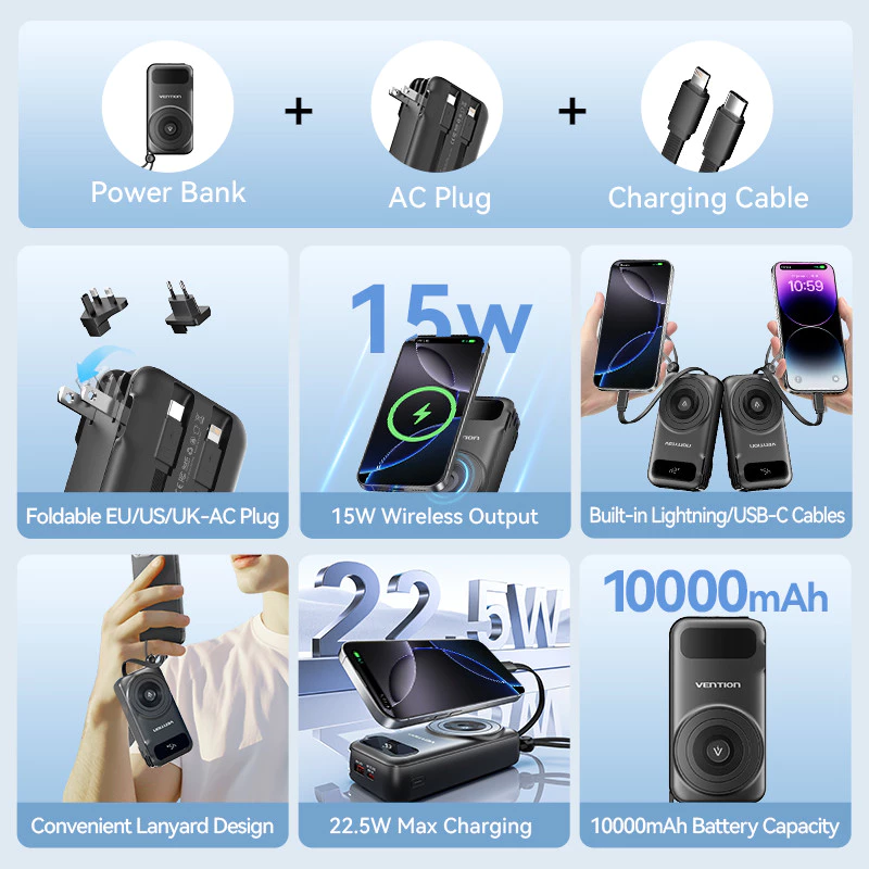 Vention Travel Charger Powerbank Wireless with Built in Type C Lightning Cables & AC Plug 22.5W 10000mAh