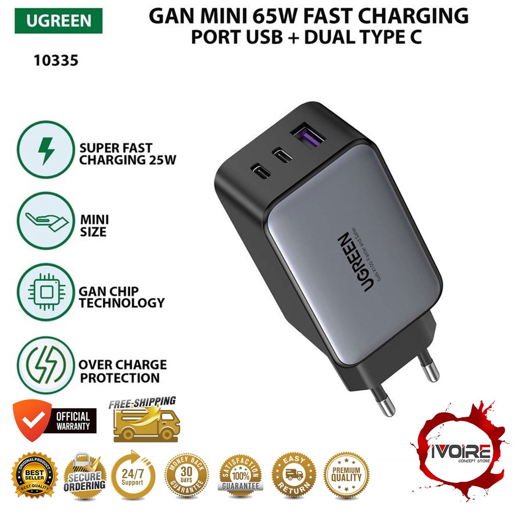 Jual UGREEN 10335 Charger Adaptor 3-port Nexode Gan 65W Super Fast ...