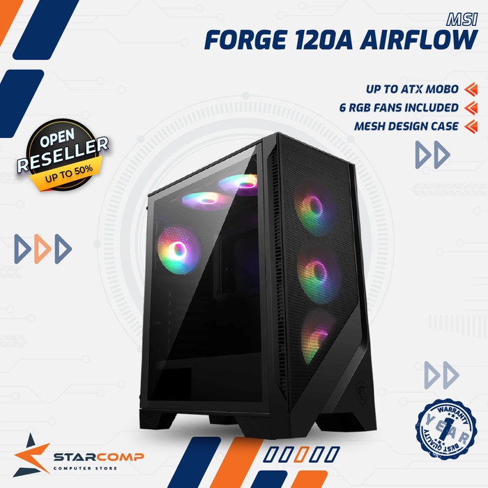 MSI MAG Forge 120A Case PC Mid Tower - Vetro Temperato, 6 Ventole RGB, Supporto GPU Fino A 330mm
