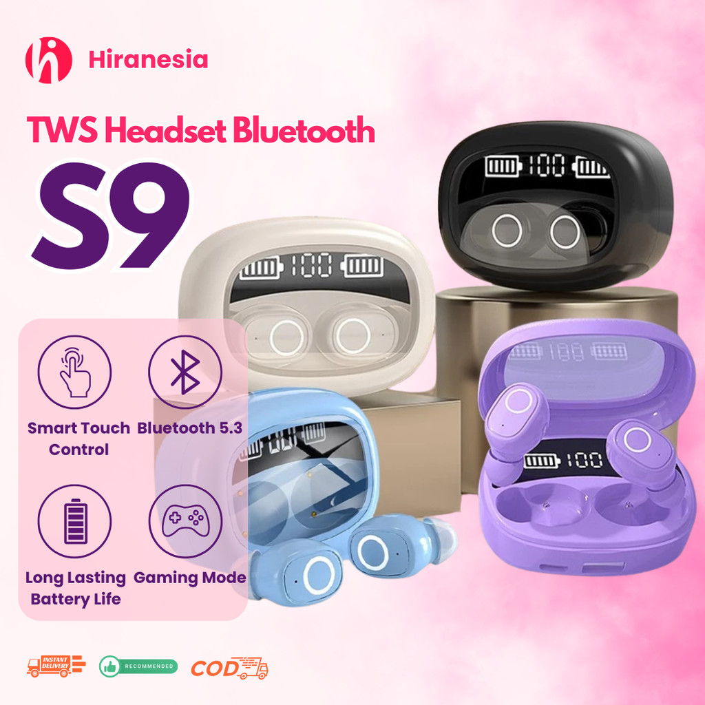 [MAKASSAR] HIRANESIA COD S9 Headset Bluetooth Full Bass Nirkabel TWS Stereo  Olahraga Gaming LED Bluetooth