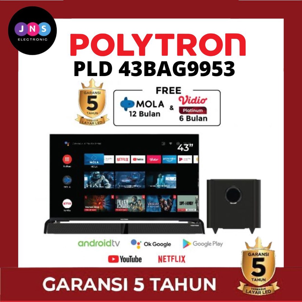 Jual POLYTRON SMART ANDROID TV + SUBWOOFER & SOUNDBAR 43" PLD 43BAG9953