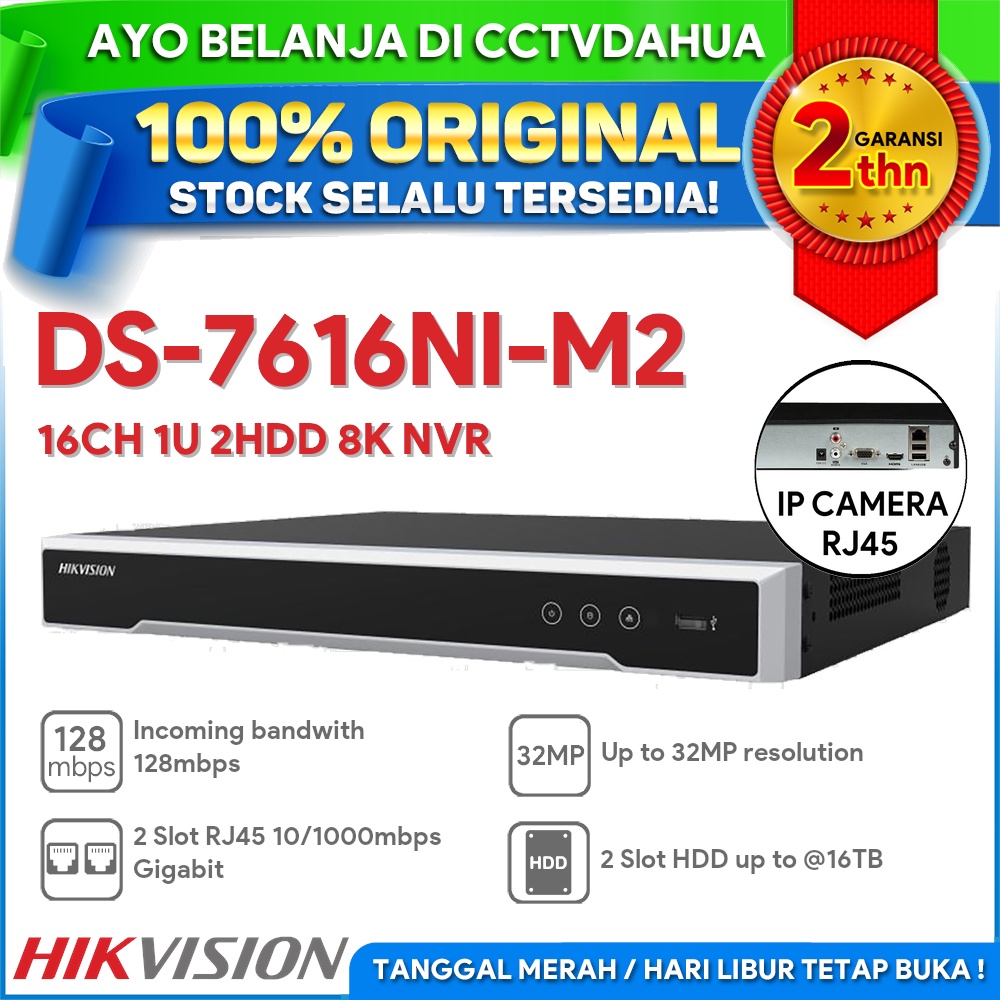Jual HIKVISION DS-7616NI-M2 16CH 1U 2HDD SLOT 8K NVR UP TO 32MP RESMI ...