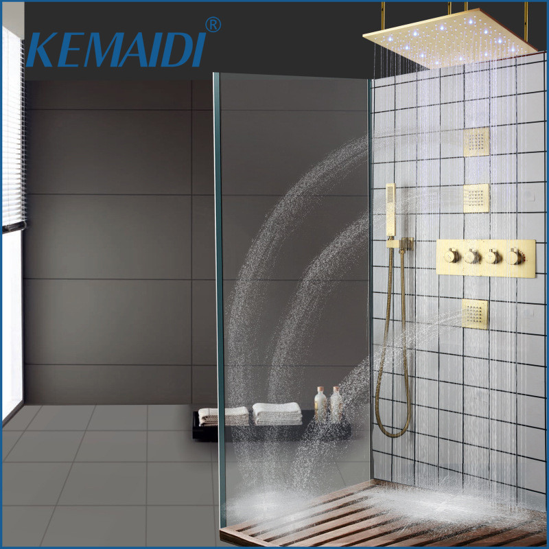 YAWWALK Thermostatic 5-Spray Patterns 12 in. LED Mood Lighting Shower Faucet with 6-Jets in Brushed Gold (Valve Included) SRM6378GNLI - The Home Depot