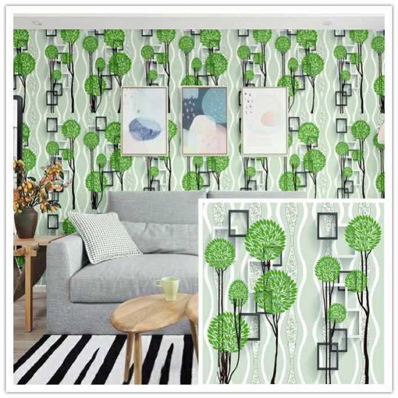 Jual WALLPAPER DINDING POHON HIJAU KOTAK HITAM PUTIH MOTIF TERBARU