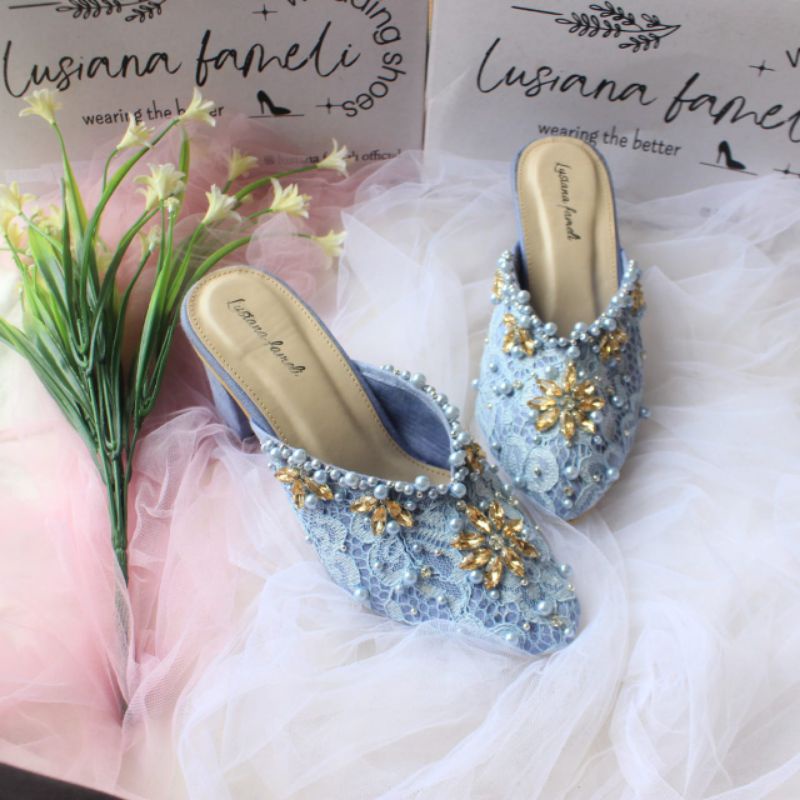 Jual Lee Yujin Sandal Wanita Heels Sepatu Pesta Warna Blue Denim Hak 7 Cm Bebas Custom Model