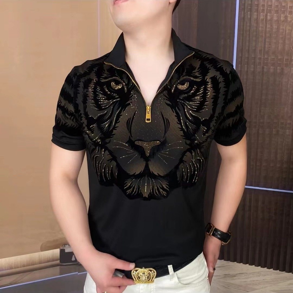 Jual New Slim Fit Standing Neck Half Zip Tiger POLO Shirt for Men ...