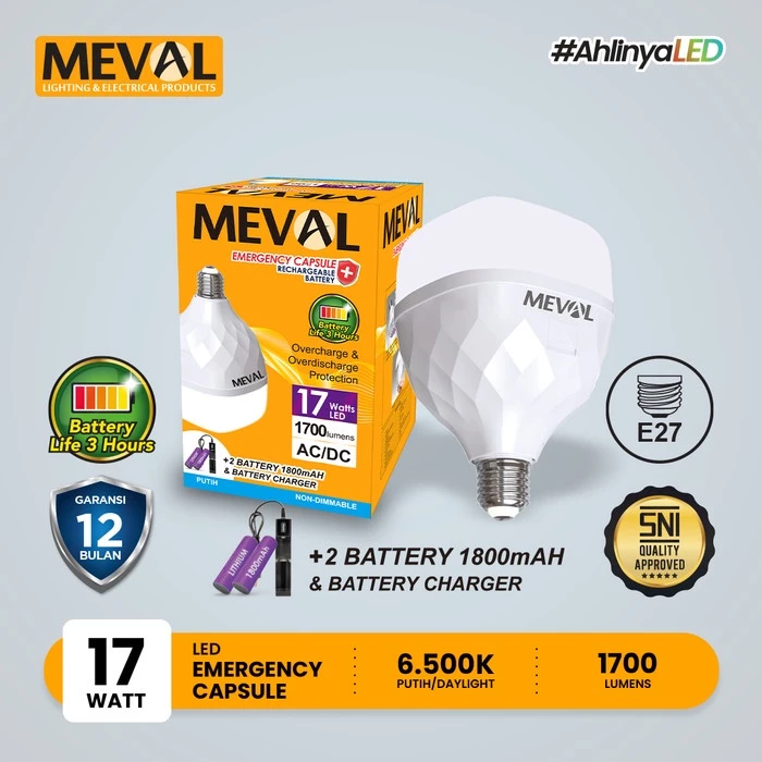 MEVAL Led Kapsul Emergency Rechargeable Battery - 17 Watt - Putih 6500K