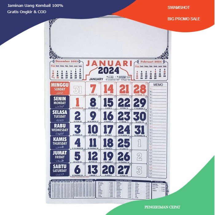 Jual Kalender Dinding Lengkap Tahun 2024 Jadwal Sholat Bahan HVS ...