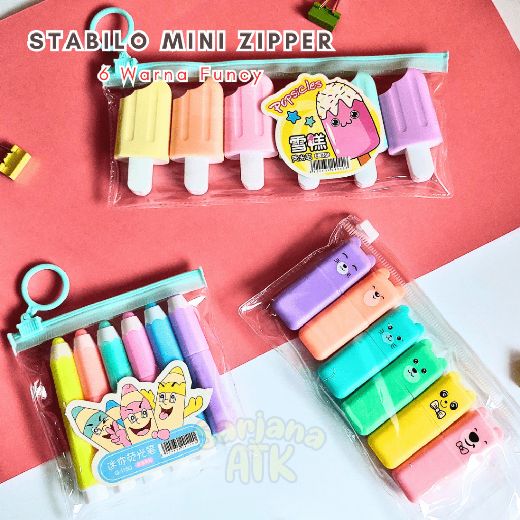 Jual Stabilo Mini Zipper 6 Warna / Highlighter Mini Set 6 Warna Zipper ...