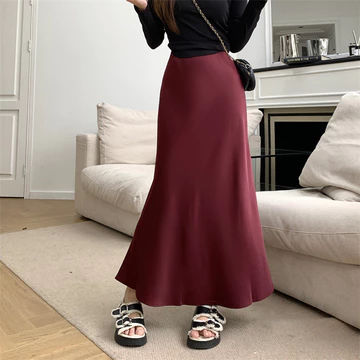Rok Ekor Ikan Pinggang Tinggi Gaya Korea Rok Panjang Satin Ritsleting Pinggang Tinggi