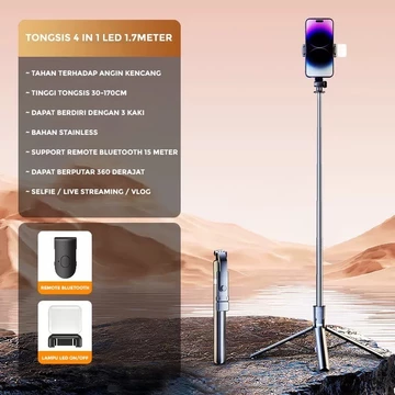 Tongsis Bluetooth 4in1 R1S L 1.7M Tripod Remote LED Tinggi Tongsis 170cm 3 Kaki Stand Kokoh