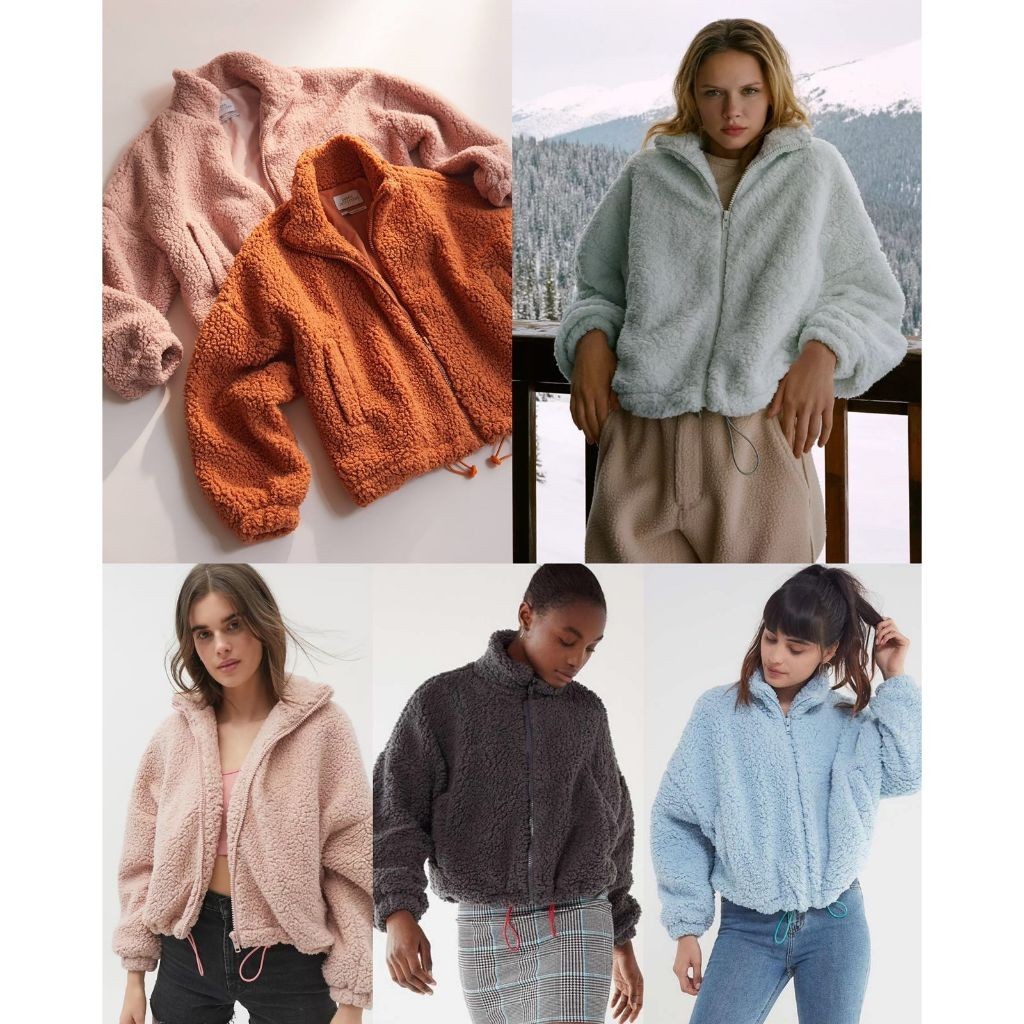 Fuzzy drawstring teddy jacket hotsell