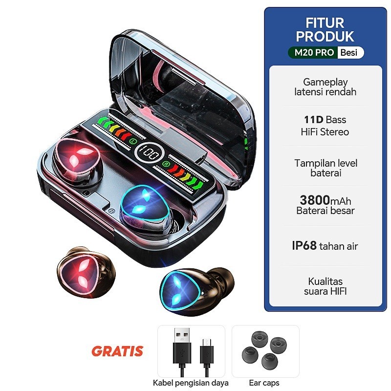 【Upgrade】TWS M20 Pro M10 M19 F9 Wireless Earphone Bluetooth TWS Gaming  Headset Powerbank 3800mAh Nirkabel Tahan Air Hifi Suara Surround 360