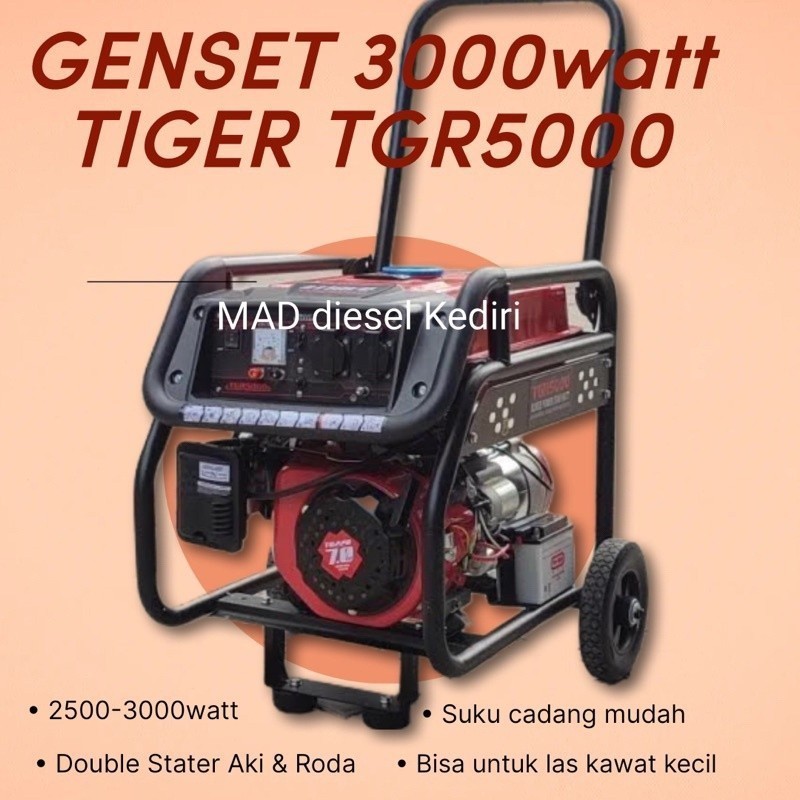 Jual Genset 3000 watt TIGER TGR5000 double stater ada roda dan aki
