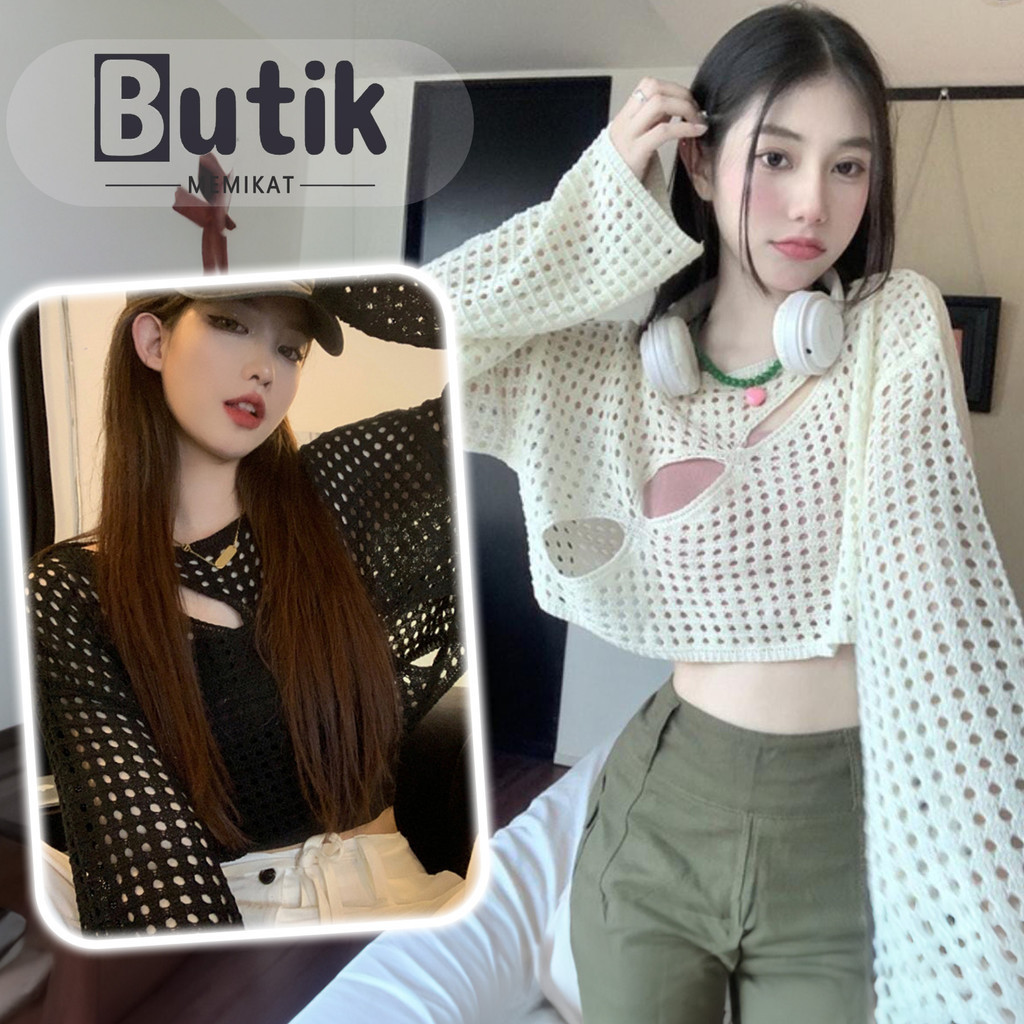 Jual BUTIK MEMIKAT Korean Style Outer Rajut Berlubang Tiga Crop Top ...