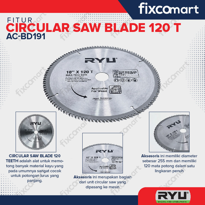 Jual RYU CIRCULAR SAW BLADE 255 MM X 2.4 MM X 120 T / MATA GERGAJI ...