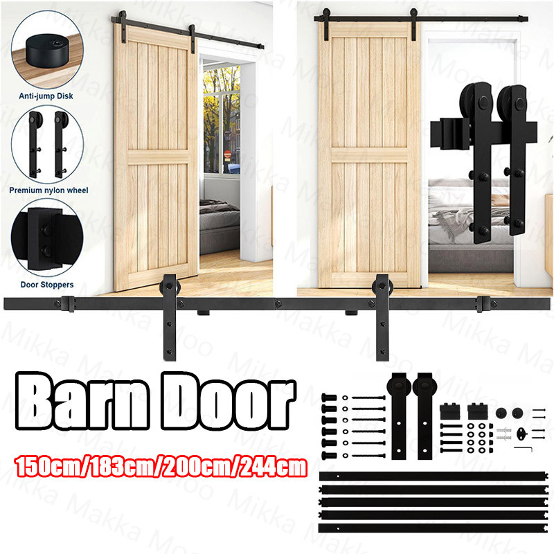 5FT/6FT/6.6FT/8FT Rel Pintu Geser Sleding Baja Karbon Bergerak Kit Katrol Senyap Barn Door / 1.5M/1.83M/2M/2.44M Baja Karbon Kit Perangkat Keras Pintu Geser Pintu Geser Lemari Gantung Gaya Track / Barn Door Baja Karbon Bergerak Kit Katrol