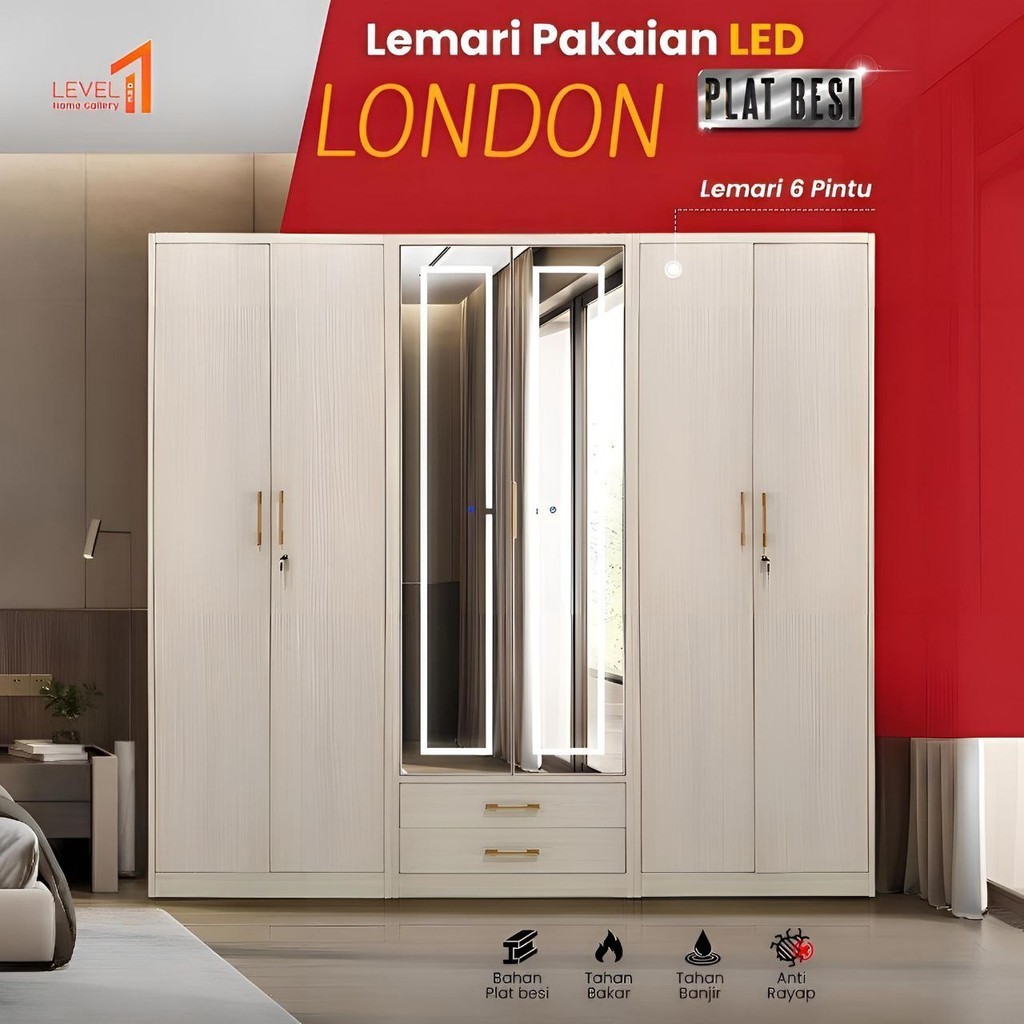 Jual Lemari Pakaian Besi Jumbo London Pintu Lampu Touchscreen Premium Mewah Lemari Pakaian