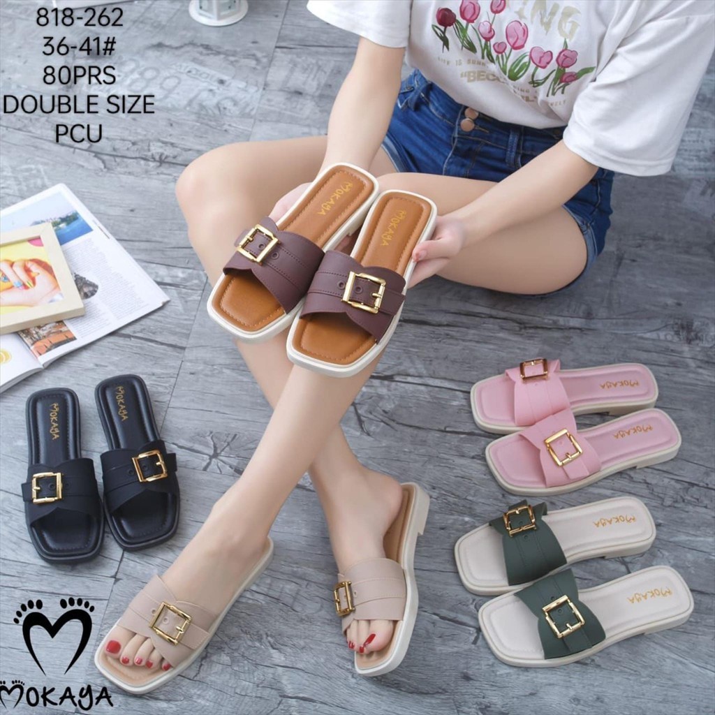 Jual Sandal Slop Wanita Ban Motif Gesper Emas Cantik Mewah Kekinian Elegant Import Mokaya Size 