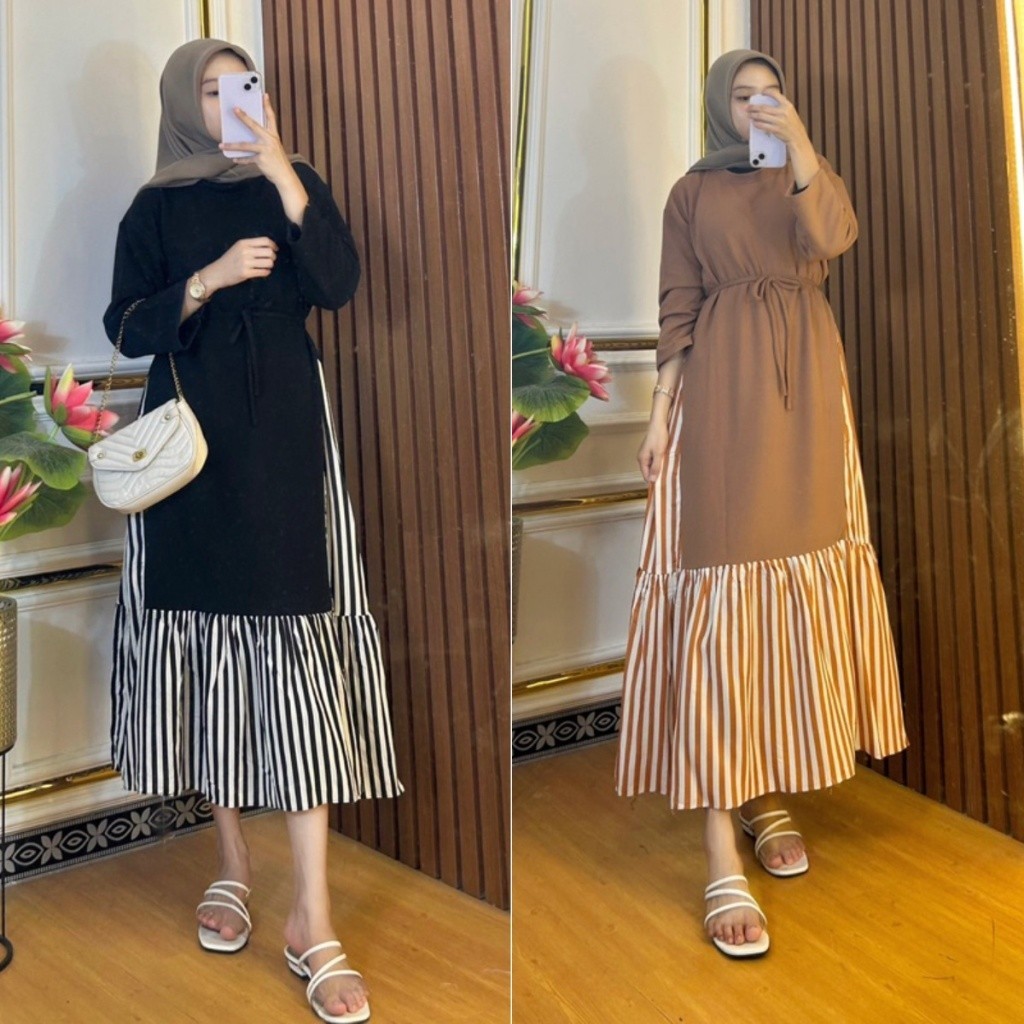 midi dress knit salur Jual Saudia Midi Dress Knit Salur Kombinasi Rayon Motif Salur - Dress  Muslim Kekinian - Viral Terbaru Kekinian