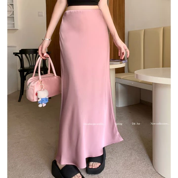 Rok Ekor Ikan Pinggang Tinggi Gaya Korea Rok Maxi Ekor Ikan Satin Rok Pensil Ritsleting Panjang