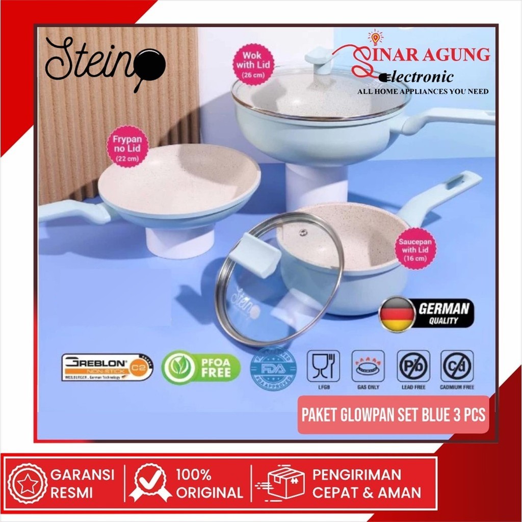 STEINCOOKWARE PAKET GLOWPAN SET BLUE FRYPAN SAUCEPAN WOKPAN