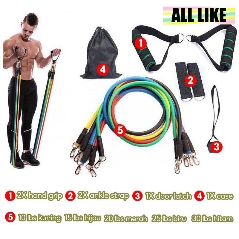 【ALL Like】 Set Resistand Band 11pcs: Set Tali Fitness 11in1 untuk Latihan Gym dan Stretching